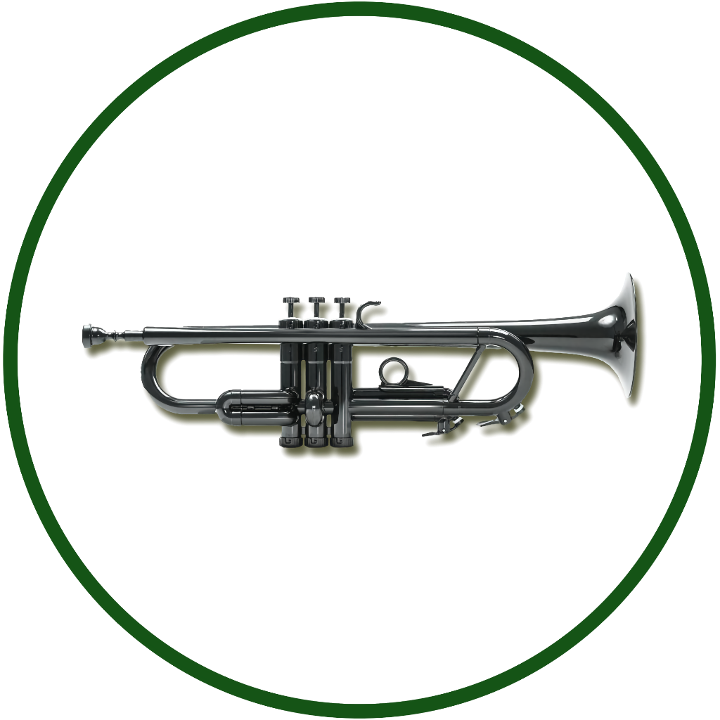 Photograph of a black plastic trumpet inside a green circle.