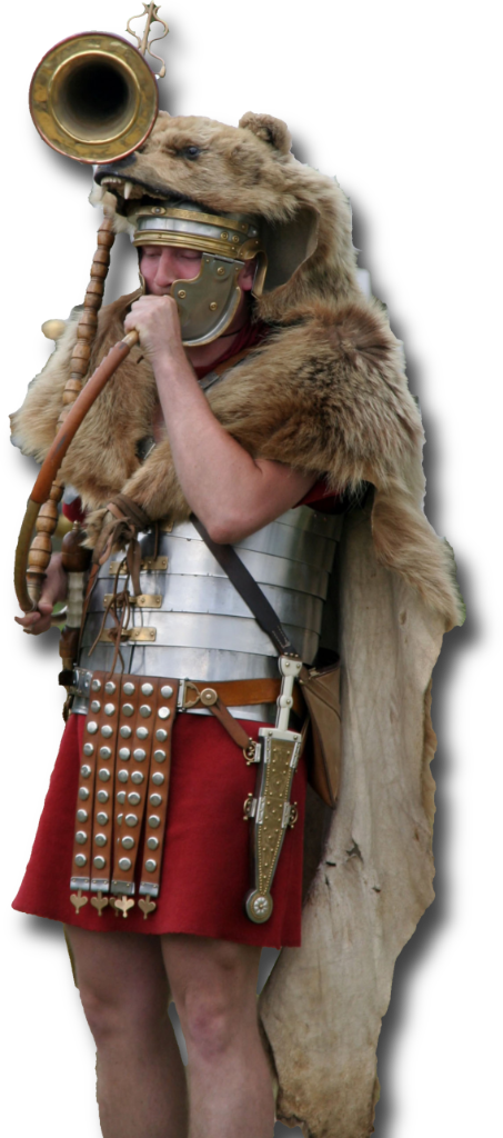 Photograph of a Reenactor Playing a Roman Cornu